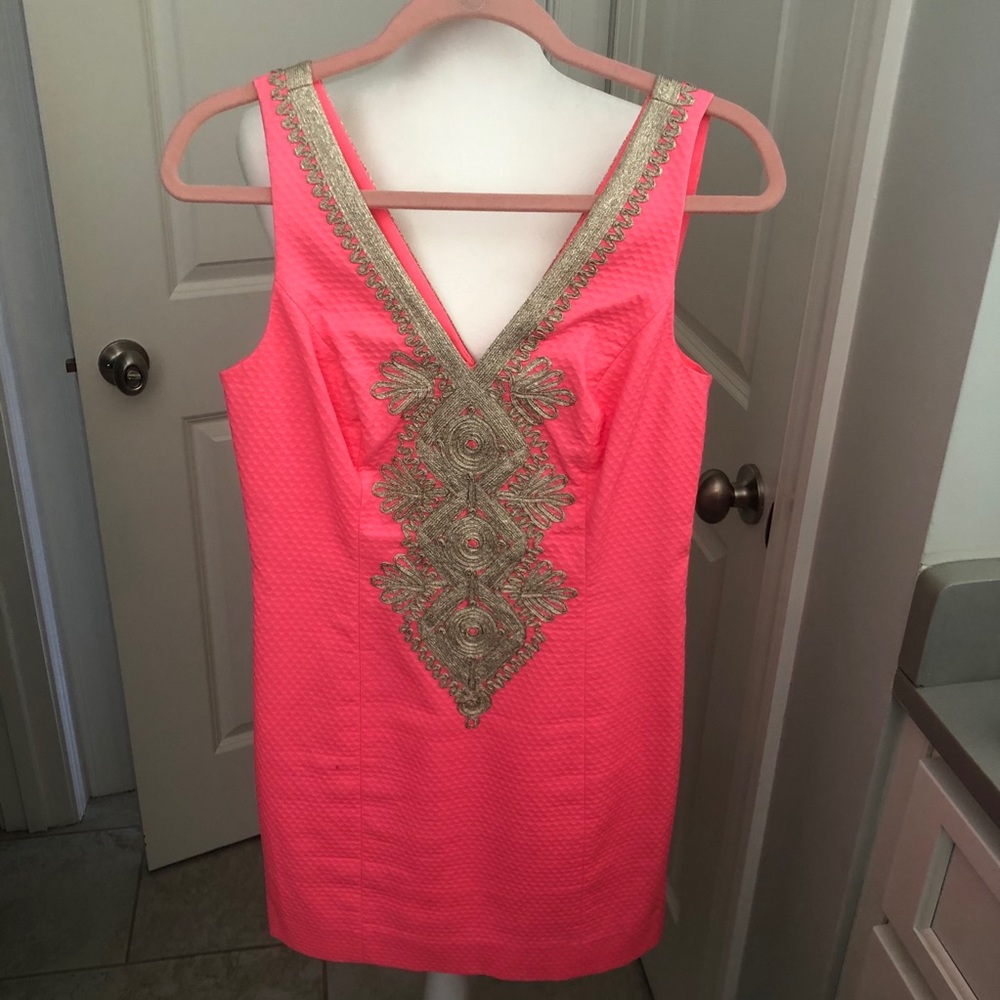 Lilly Pulitzer Neon Pink and Gold Shift Dress